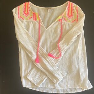 Anthropologie Cream Blouse with Neon Accents